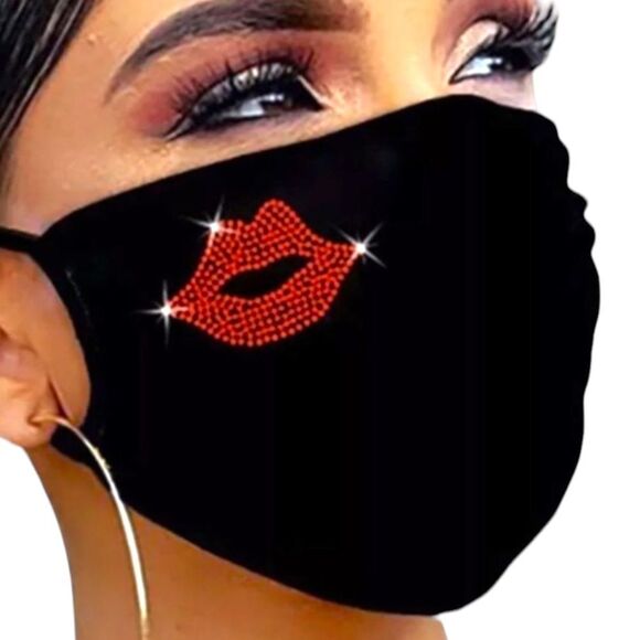 Red Lips Glittery Rhinestones Reusable Black Face Masks - Picture 1 of 4